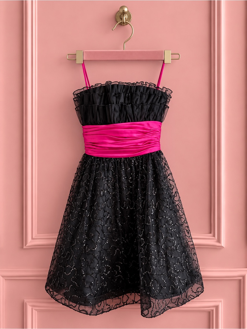 Y2K Betsey Johnson Black Sequin Dress Pink Sash Bow Size 2